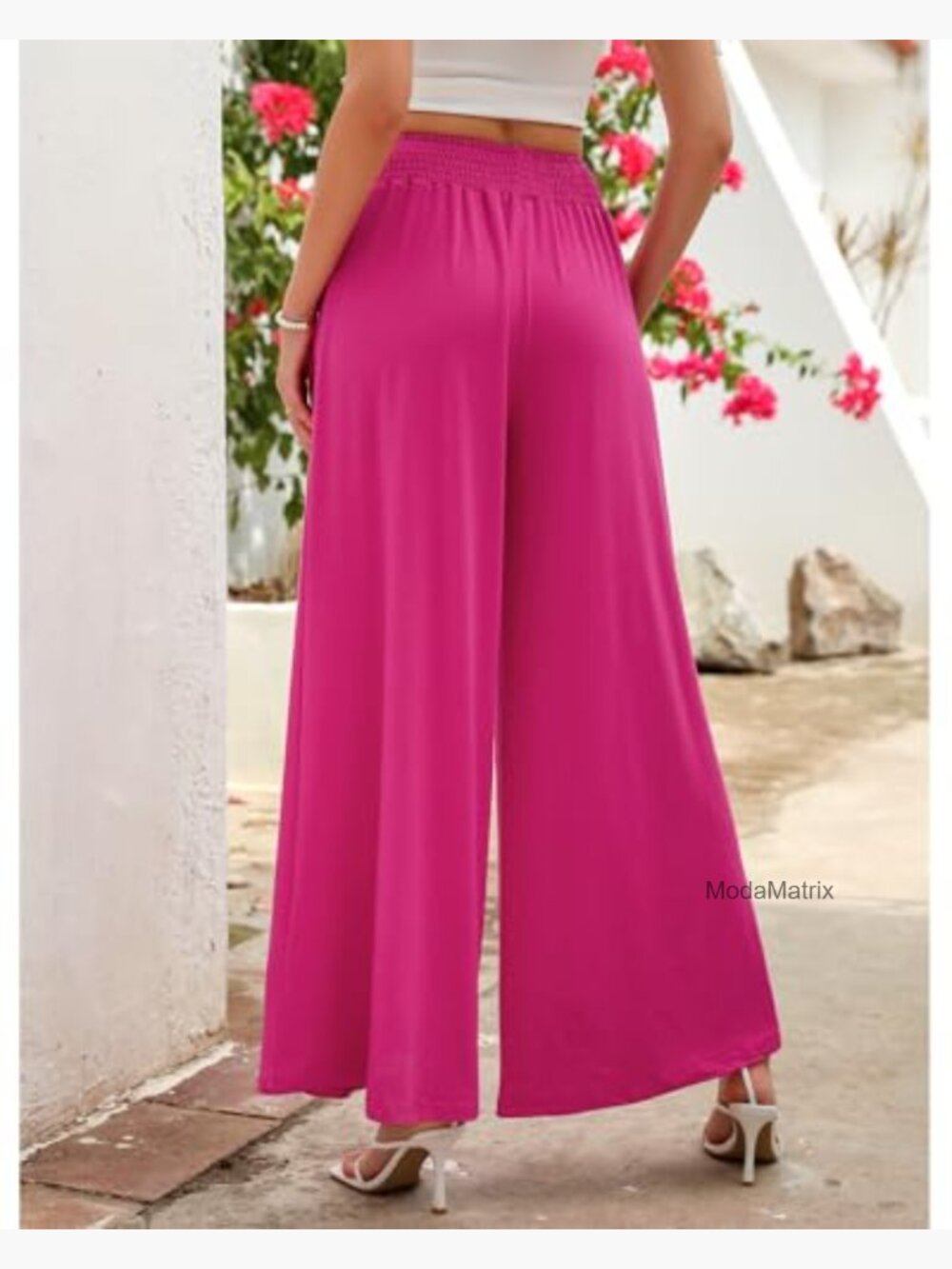 Wide Leg Palazzo Pants High Waisted Smocked Elastic Waist Bell Bottom Baggy - Picture 3 of 7